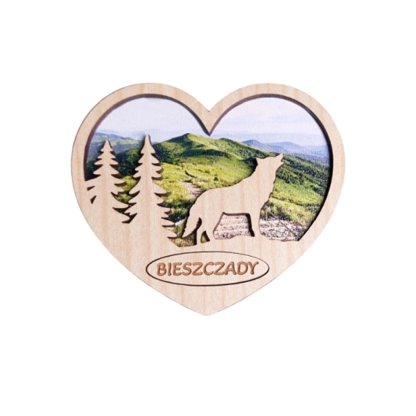 Drewniany magnes 2D serce- Wilk